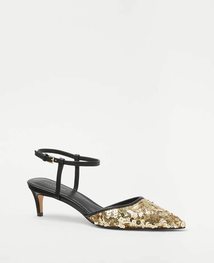 Ann Taylor Sequin Kitten Heel Pumps Size 6 1/2 Gold Shine Women's