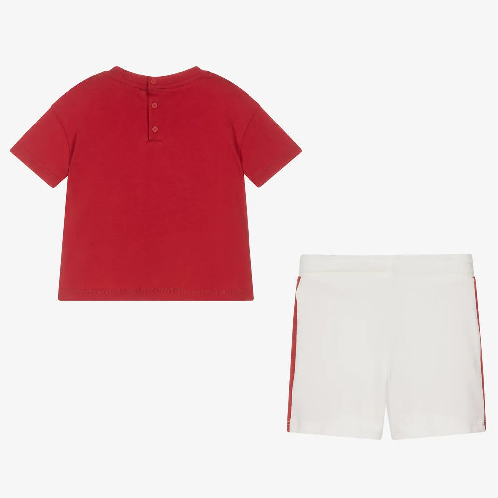 Baby Boys Red & White Cotton Logo Shorts Set