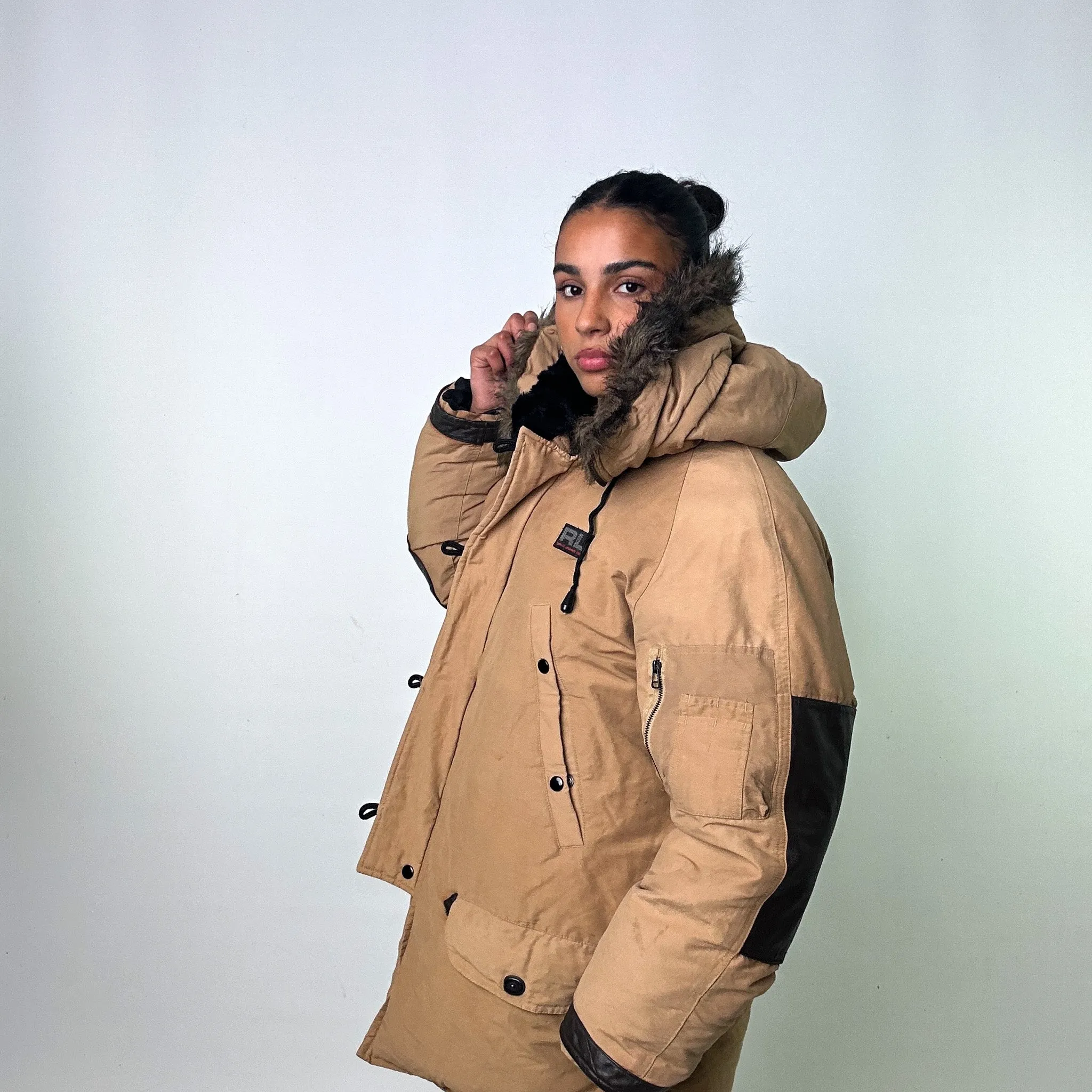 Beige Tan 90s Polo Jeans Ralph Lauren Puffer Jacket Coat (L)