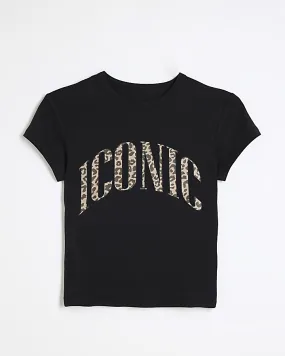 Black leopard print script t-shirt