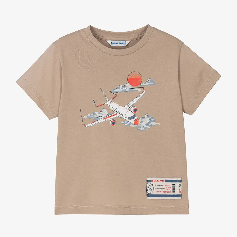 Boys Beige Cotton Aeroplane T-Shirt