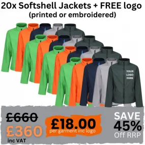 Embroidered Clothing Workwear Pack of 20 Regatta Softshell Jackets including company/team logo (Printed or Embroidery)