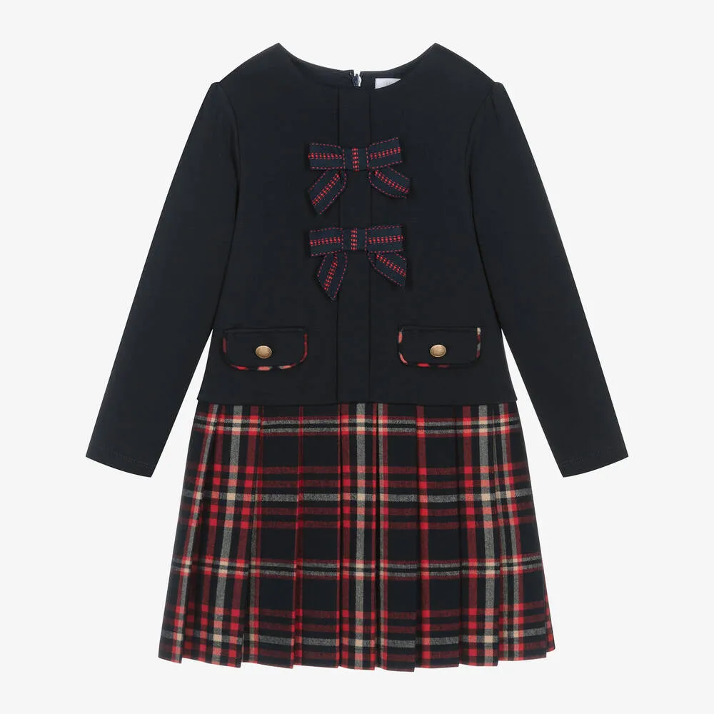 Girls Navy Blue Jersey & Tartan Flannel Dress