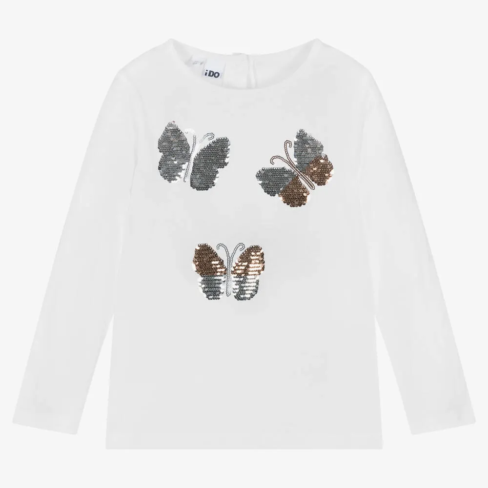 Girls White Cotton Butterflies T-Shirt