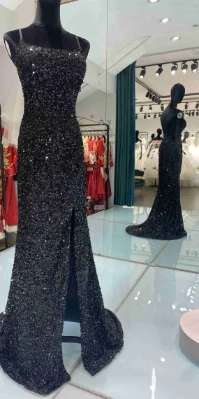 Glitter Mermaid Scoop Neck Black Sequins Long Prom Dresses with Cross Back Y1793