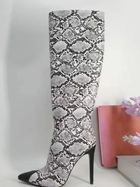 Knee High Boots Snake Pattern Women's Pointed Toe Stiletto Heel Boots