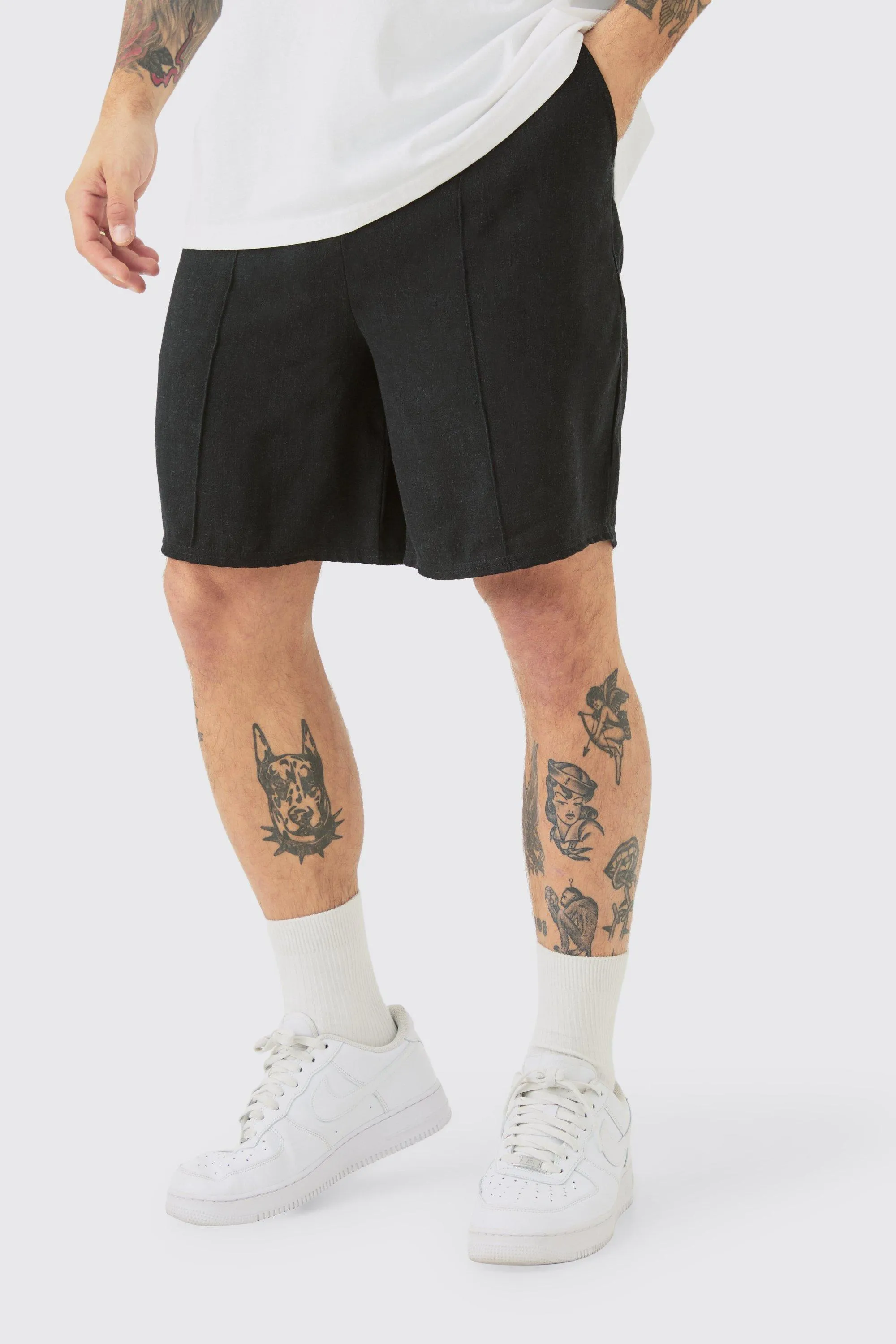 Linen Look Pin Tuck Elasticated Waist Relaxed Shorts