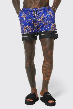 Mid Length Baroque Border Print Swim Shorts | boohooMAN UK