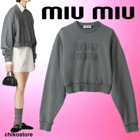 MiuMiu  |Crew Neck Long Sleeves Cotton Logo Hoodies & Sweatshirts
