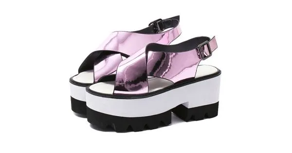 Pink Metallic Shiny Mirror Cross Straps Punk Rock White Platforms Sandals Shoes