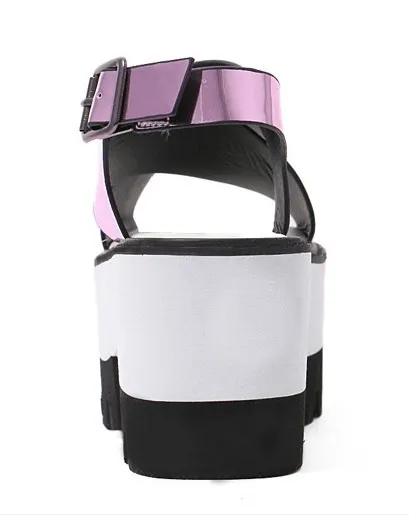 Pink Metallic Shiny Mirror Cross Straps Punk Rock White Platforms Sandals Shoes