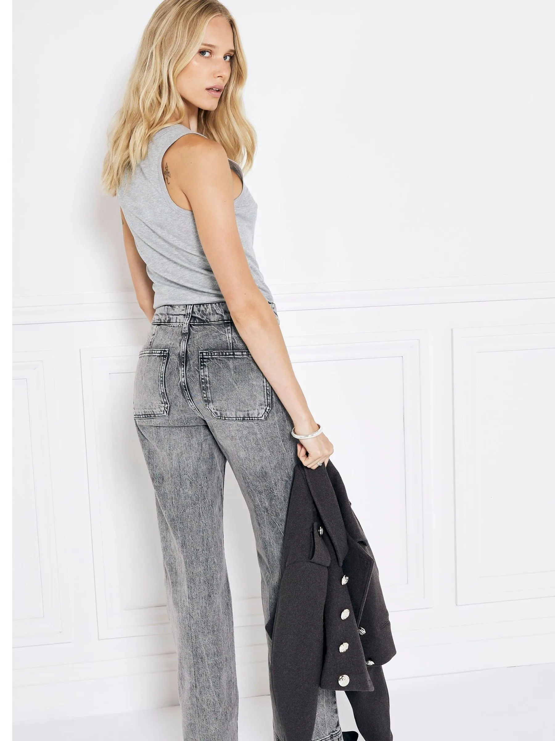 River Island Grey High Rise Pocket Front  Wide Leg Jeans