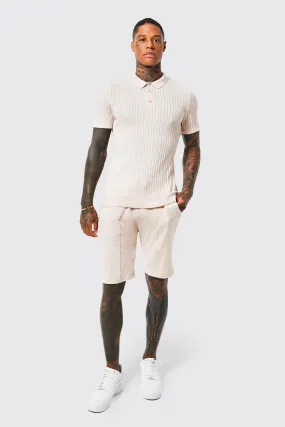 Short Sleeve Ribbed Knitted Polo & Shorts Set | boohooMAN UK
