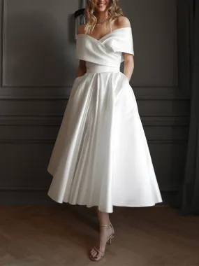 Short Wedding Dresses Off-The-Shoulder Sleeveless A-Line Tea-Length Short Bridal Dress