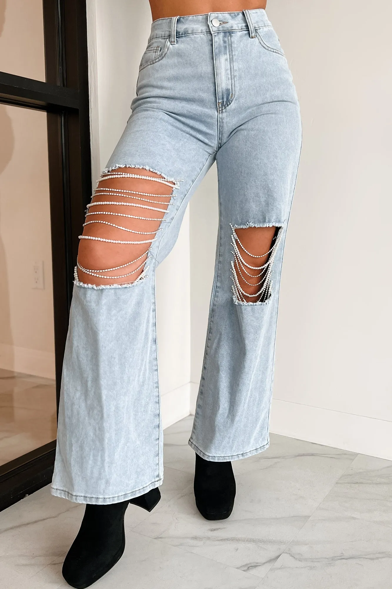 Something To Talk About Rhinestone/Pearl Chain Wide Leg Jeans (Light Wash)