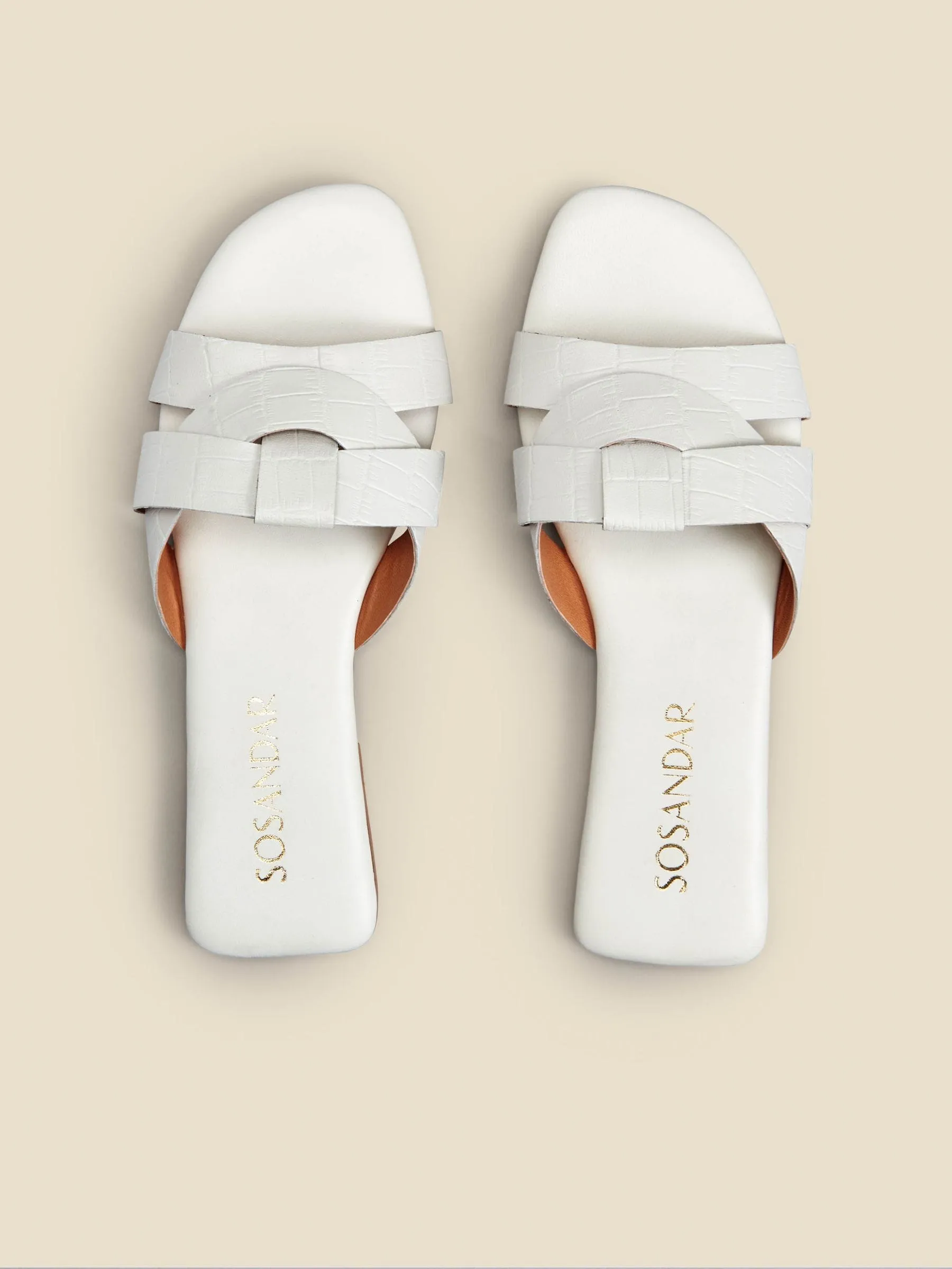 Sosandar White Croc Effect Leather Cross Strap Flat Mule Sandals