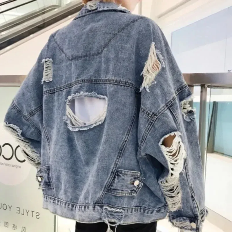 Xituodai Fashion Ripped Denim Jacket Y2K Distressed Streetwear Hip Hop Broken Hole Jeans Biker Jackets Men Loose Blue Jacket Out