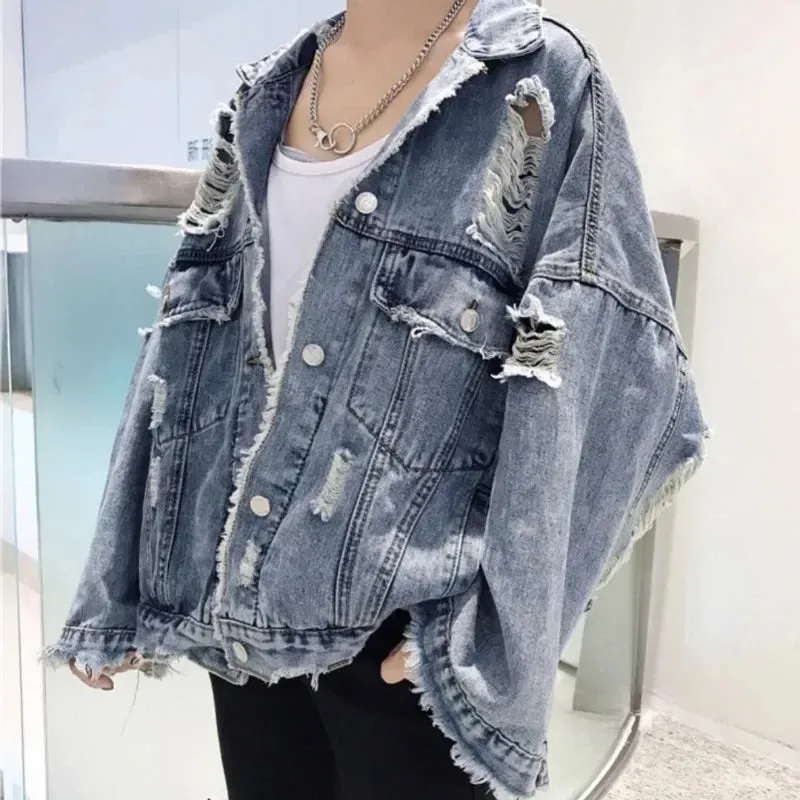 Xituodai Fashion Ripped Denim Jacket Y2K Distressed Streetwear Hip Hop Broken Hole Jeans Biker Jackets Men Loose Blue Jacket Out